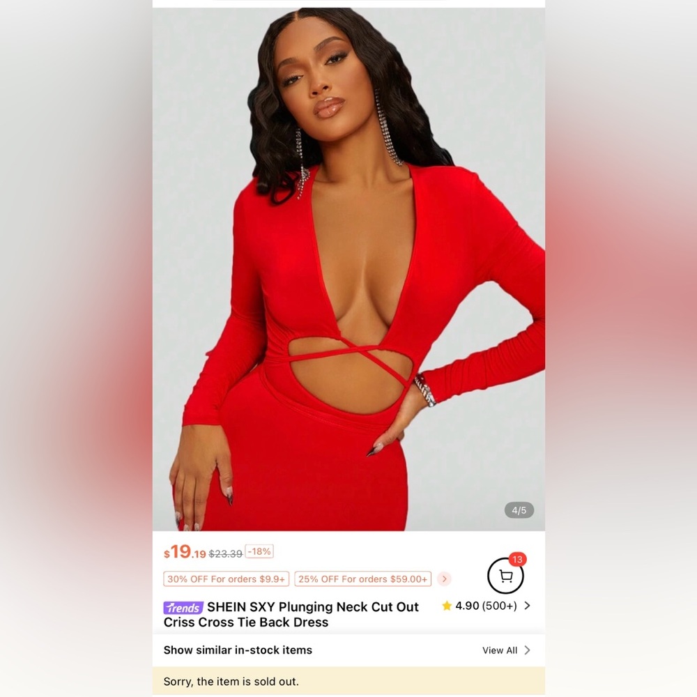 SHEIN Red Long Sleeve Plunge Bodycon Dress